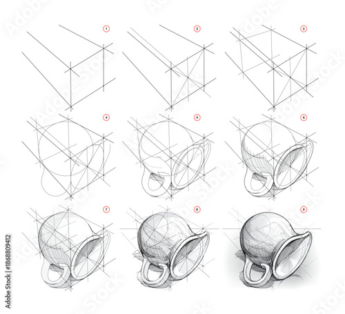 Pencil drawing lessons. How to learn to draw a jug lying on its side in perspective from life. Educational tutorial for artists. Development of artistic skills. Hand drawn vector illustration.