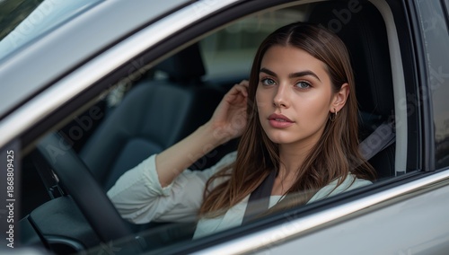 Young Woman Sitting in Drivers Seat of Car, Looking at Camera Outside City Lo...