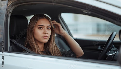 Young Woman Sitting in Drivers Seat of Car, Looking at Camera Outside City Lo...