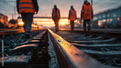 Workers walking along railway tracks at sunset, preparing for a new day of maintenance on the train lines