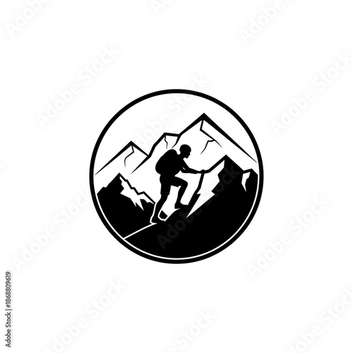 Man climbing mountain with hiking gear.