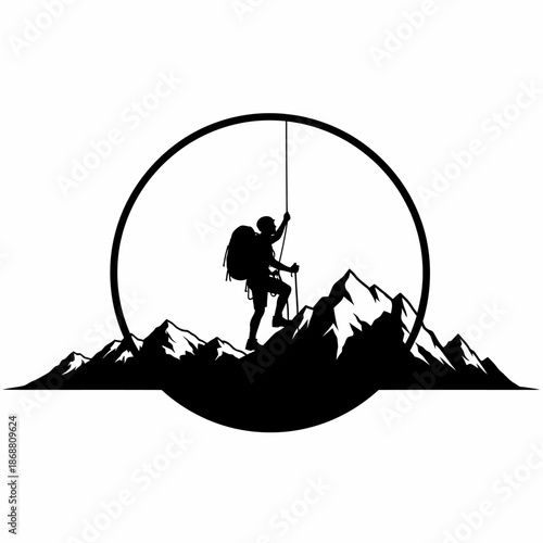 Man climbing mountain with rope gear.