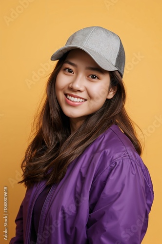 Young Woman Smiles in Front of Yellow Background Wearing Purple Jacket and Gr...