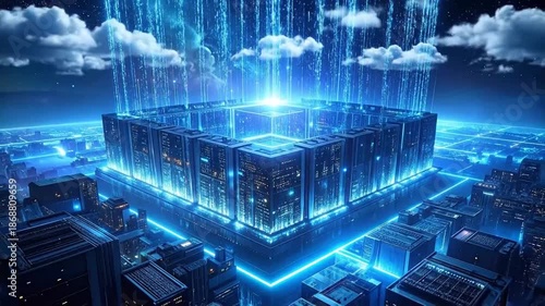 Futuristic Data Center Cityscape with Glowing Energy Beams