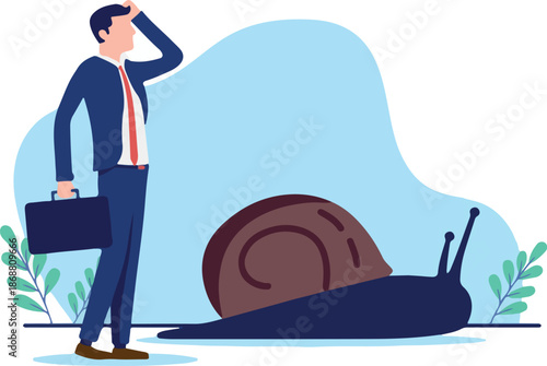 Slow boring business - Frustrated businessman holding hand in face, feeling bored and unsatisfied for lack of progress and growth in bureaucracy. Flat design vector illustration on white background.