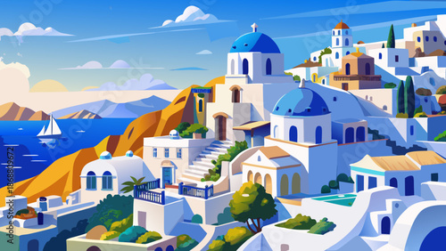 Very beautiful white architecture of Oia village on Santorini island, Greece, featuring iconic cliffside houses, blue accents, and bright sunlight overlooking the Aegean Sea in a timeless composition.