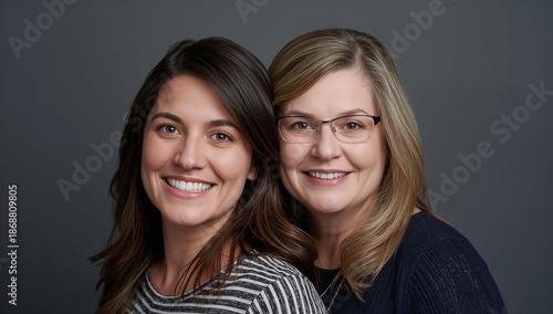 Two Women With Smiling Faces Pose Together in a Studio Setting With Plain Bac...