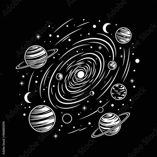 Planets and Moons in Space Orbit.