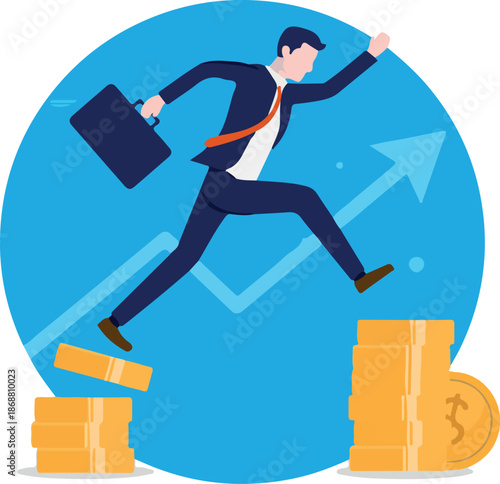 Salary increase - Man jumping from low income to higher pay with raising graph in background in blue circle. Career, investment and business growth concept. Vector illustration.