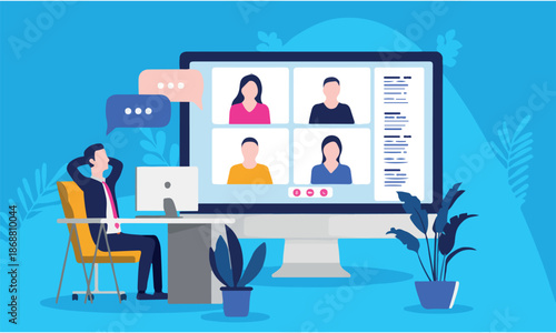 Video meeting vector illustration - Relaxed man at desk having a meeting with colleagues online. Remote teamwork concept.