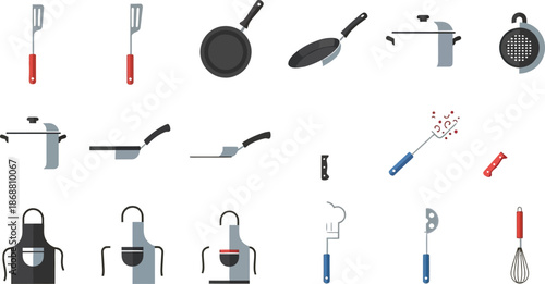 Collection of essential flat design kitchen utensils including various cooking pots frying pans spatulas knives aprons a chef hat and a whisk arranged neatly for culinary preparation concepts