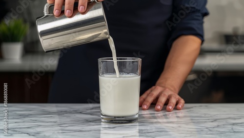 Pouring Milk Into a Glass on a Marble Countertop in a Kitchen Setting During ...