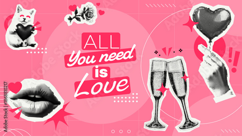 Valentine concept art with halftoned cat, hand with heart, lips, champagne glass and inspiring text, creating a romantic invitation or holiday banner.
