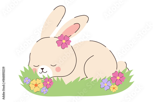 Sleeping Easter bunny tucked in spring grass with colorful wildflowers, adorable baby rabbit character with floral crown , peaceful meadow scene mascot for nursery wall art, kids bedroom decor