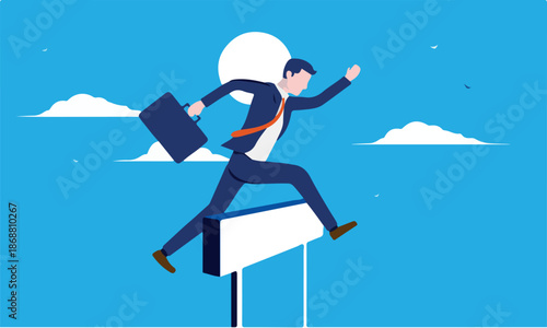 Overcome obstacle - Corporate businessman jumps over hurdle with suitcase in hand. Achieve goal, reach success and business challenge concept. Vector illustration