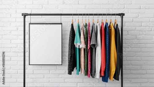 Clothing Rack Displays Shirts and a Blank Frame on a White Brick Wall in a Br...