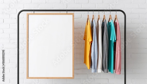 Clothes Hanging on Rack With Empty Frame Against White Brick Wall in a Store ...