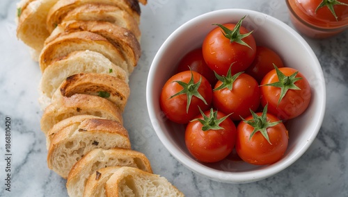Fresh Cherry Tomatoes in a Bowl With Pieces of Bread on a Wooden Surface