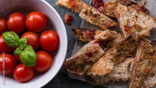 Fresh Tomatoes in a Bowl Next to Slices of Bread on a Wooden Table