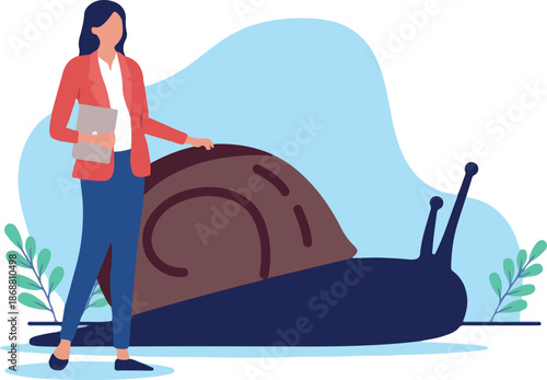 Slow work progress - Businesswoman standing with snail moving very slowly forward with lack of progress and boring job with no progress in career and business. Flat design vector illustration.