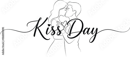 Minimalist line art drawing features a tender moment between a couple kissing beneath elegant black cursive script elegantly proclaiming kiss day celebration for romance and affection themes
