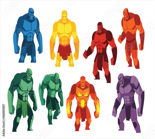 A lineup of five stylized superhero characters in distinctive color schemes