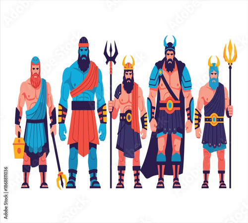 Ancient spartan warriors in full battle gear illustration set of character designs