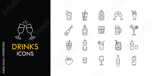 Drinks line icon set, outline web icon collection containing Cocktail, Bottle, Glass and more, vector illustration in line style