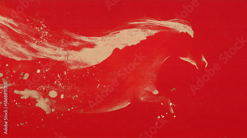 Golden ink brush horse silhouette on a rich red abstract background, Chinese zodiac Year of the Horse design with elegant strokes and festive mood for posters, calendars and greeting cards