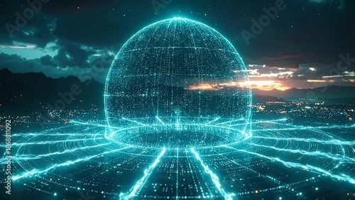 Futuristic Digital Sphere Over Cityscape at Sunset