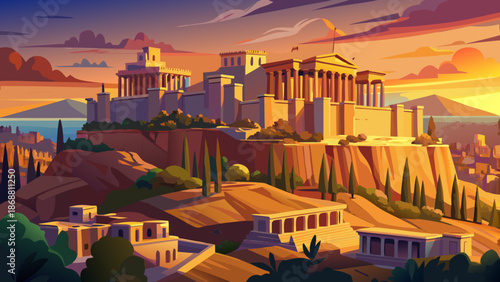 Very beautiful panoramic view of the Acropolis in Athens, Greece at sunset, where ancient history meets warm golden light, creating a powerful and timeless cultural landscape above the city.