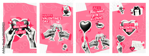 Set of four pink Valentines Day story layouts with collage style elements, hands holding hearts and glasses for social media post template.