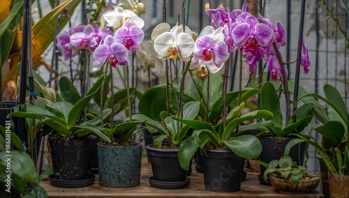 Orchids in Pots on a Wooden Table in a Greenhouse During Daytime Hours