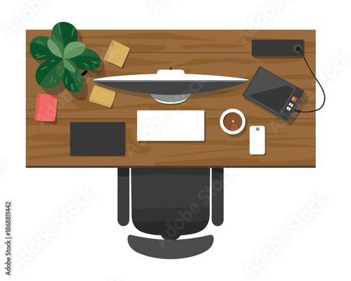 A well-organized home office workspace with a wooden desk and various office supplies