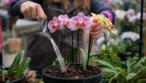 Orchids in Pots on a Wooden Table in a Greenhouse During Daytime Hours