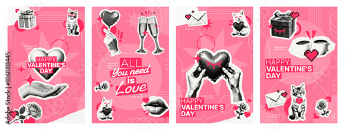 Set of modern Valentines Day story template with halftoned elements, love symbols, and text on a vibrant pink background.