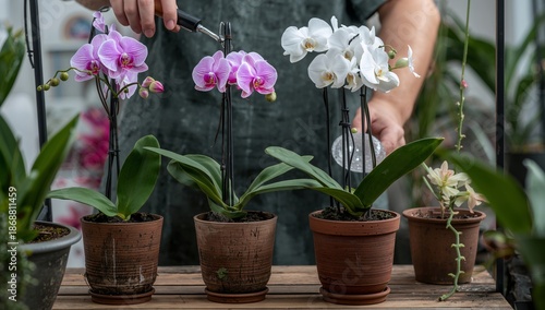 Orchids in Pots on a Wooden Table in a Greenhouse During Daytime Hours