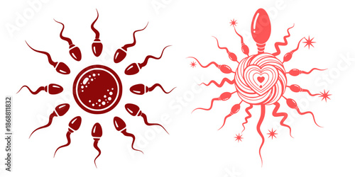 Abstract Human Fertilization Illustration - Sperm Swarming Egg Cell Vector Graphic for Science or Fertility Concepts