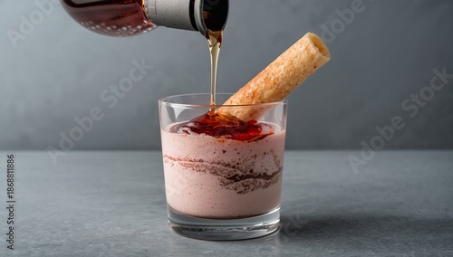 Sweet Dessert With Honey Drizzle and a Wafer Stick in a Glass Cup