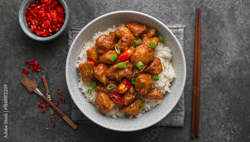 Bowl of Chicken With Rice and Chili on a Dark Table