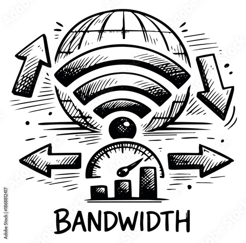 Hand drawn illustration of global internet bandwidth depicting data transfer and network speed for technology and communication concepts