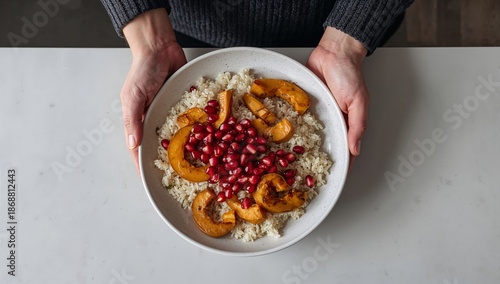 Delicious Dish With Rice Topped With Roasted Squash and Pomegranate Seeds in ...