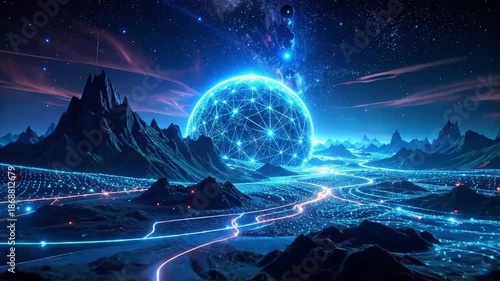 Futuristic Landscape with Glowing Sphere and Networks