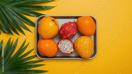 Display of Tropical Fruits on a Metal Tray With Yellow Background in a Dining...