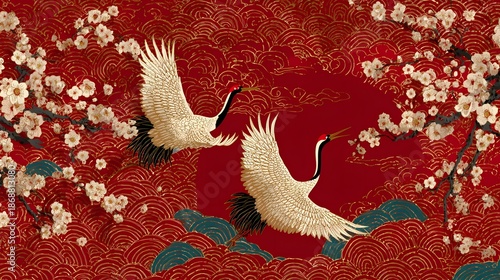 Vibrant Asian-Inspired Crane Illustration with Cherry Blossoms and Red Wave Pattern Background