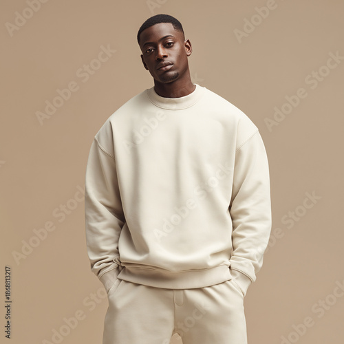 A young African man stands confidently in a beige sweatshirt and matching pants against a neutral background. He has short hair and a serious expression.
