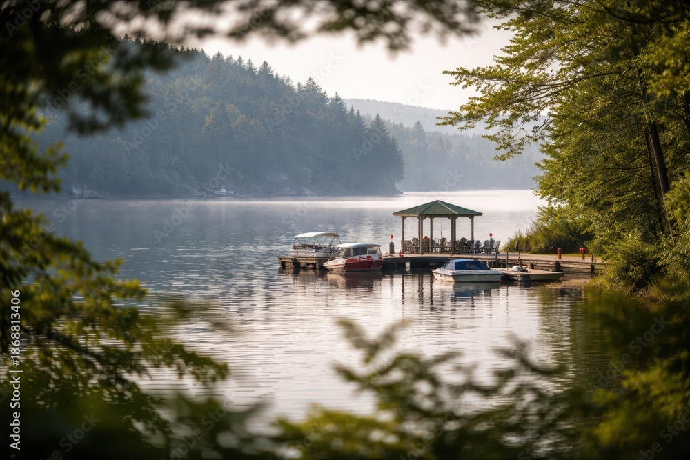 Fototapeta premium Peaceful Lake Marina Surrounded By Forest And Summer Nature. A tranquil lakeside scene with small boats, wooden piers, clear water, and green trees creating a calm vacation atmosphere for rest.