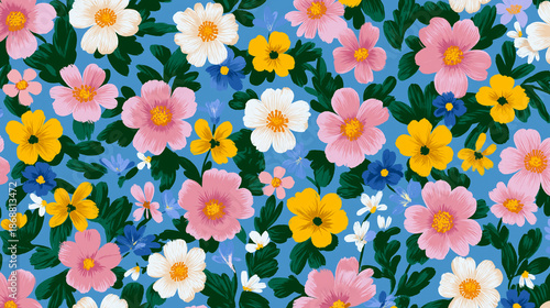 A vibrant floral pattern featuring various flowers in pink, white, yellow, and blue against a blue background. Ideal for spring-themed designs.
