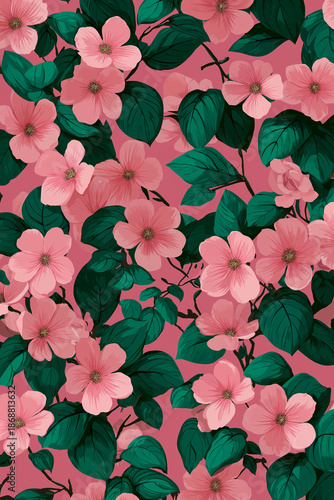 A vibrant pattern of pink dogwood flowers with green leaves on a pink background. The design is suitable for textiles and wallpapers.