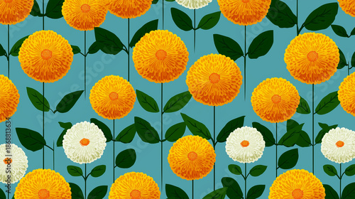 A vibrant pattern of yellow and white flowers with green leaves against a blue background. The design features round, fluffy blooms in a repeating arrangement.